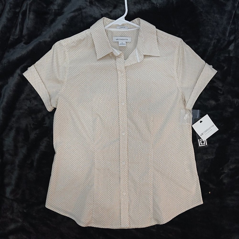 Stretchy Gold-Patterned Short Sleeve Button Down Top Liz Clairborne Women S